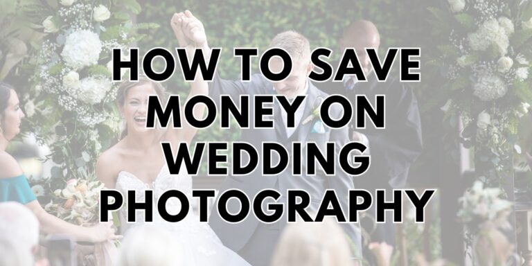 A cover photo with a faded wedding photo of a bride and groom. The big text on the photo says how to save money on wedding photography