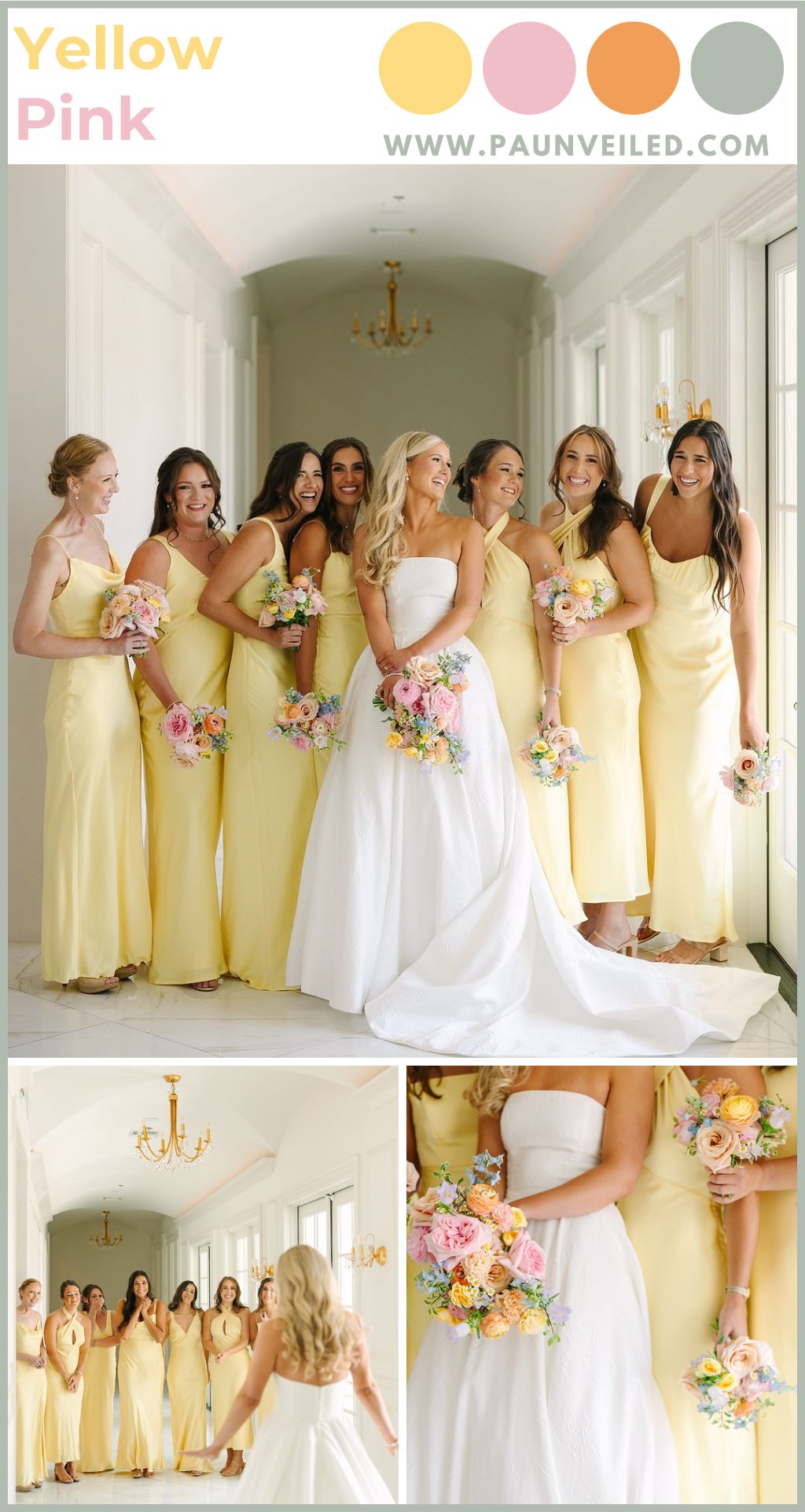 A collage of photos of a bride and bridesmaids wearing pale yellow bridesmaid dresses. They are holding bouquets with pink, yellow, and white flowers.
