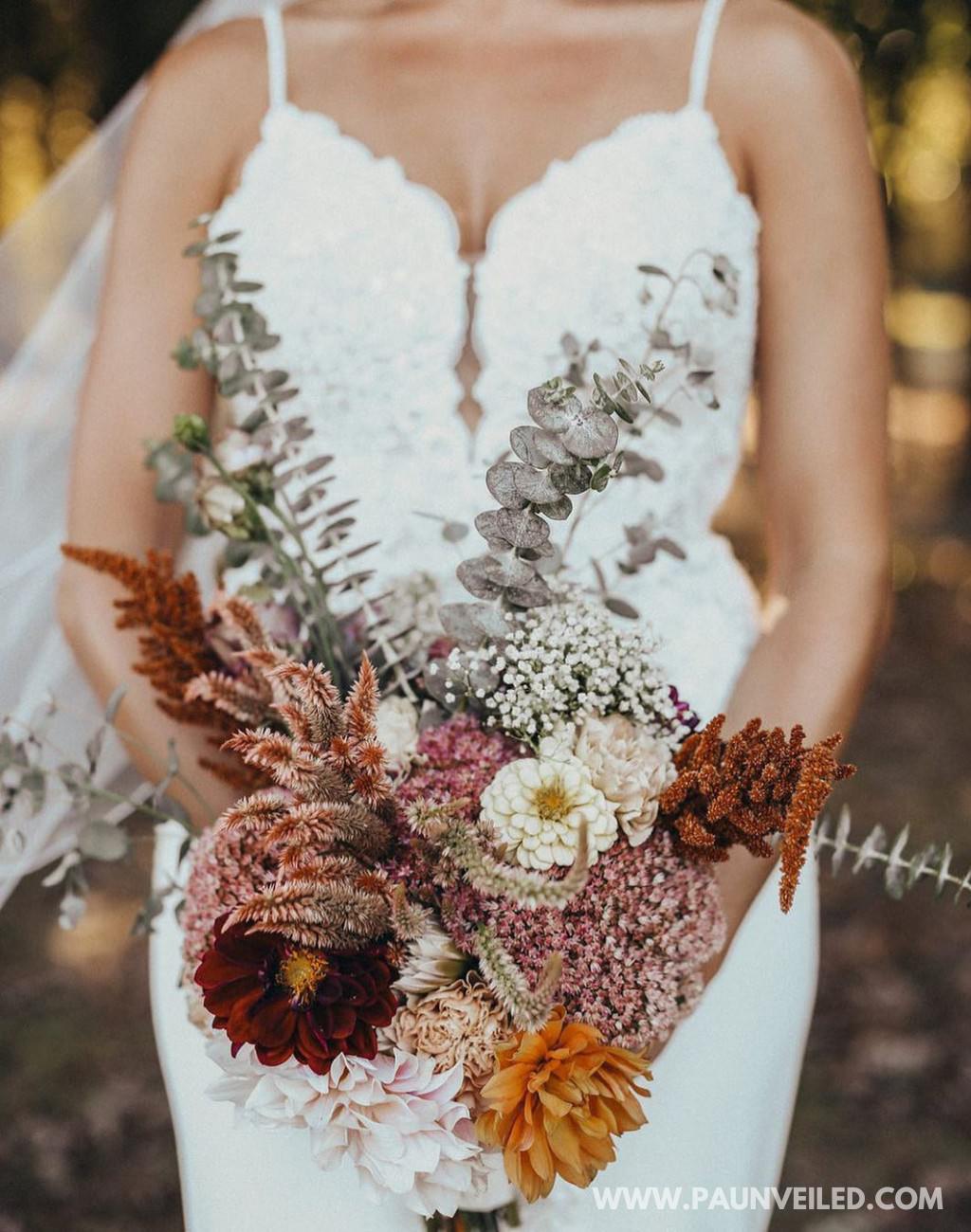 A gorgeous wedding bouquet with a boho rustic vibe