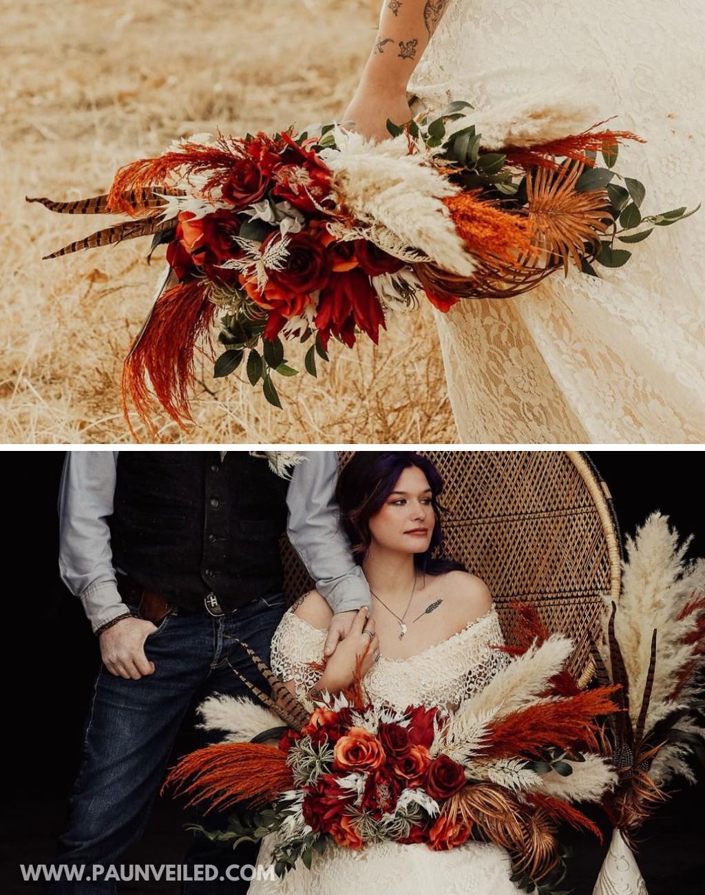 A bright red and orange wedding bouquet for the bride. This is for a rustic country wedding