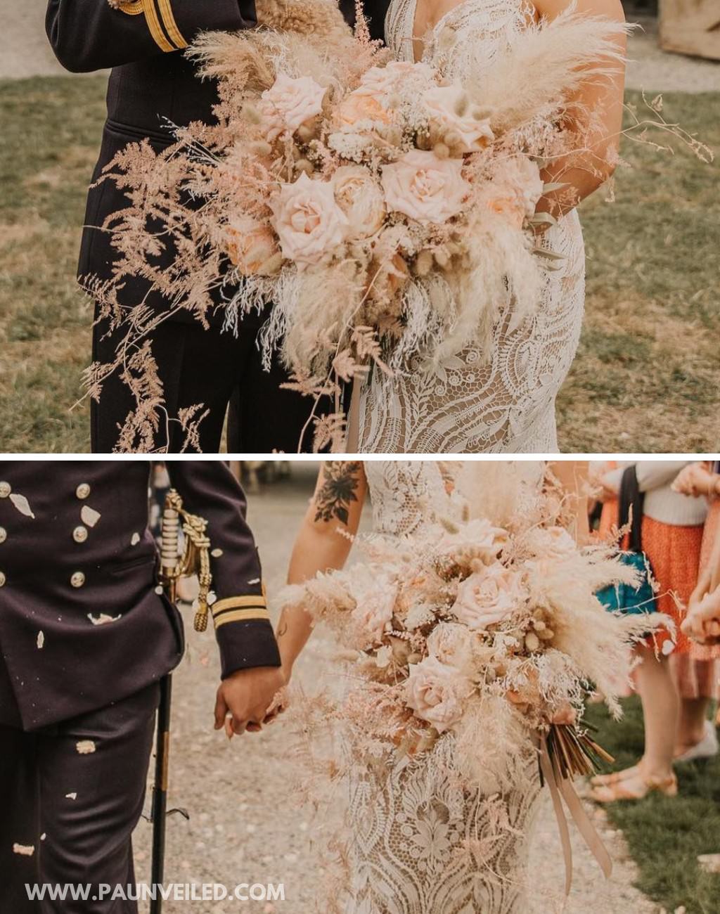 A bride and groom walking down the aisle with a big beautiful bridal bouquet