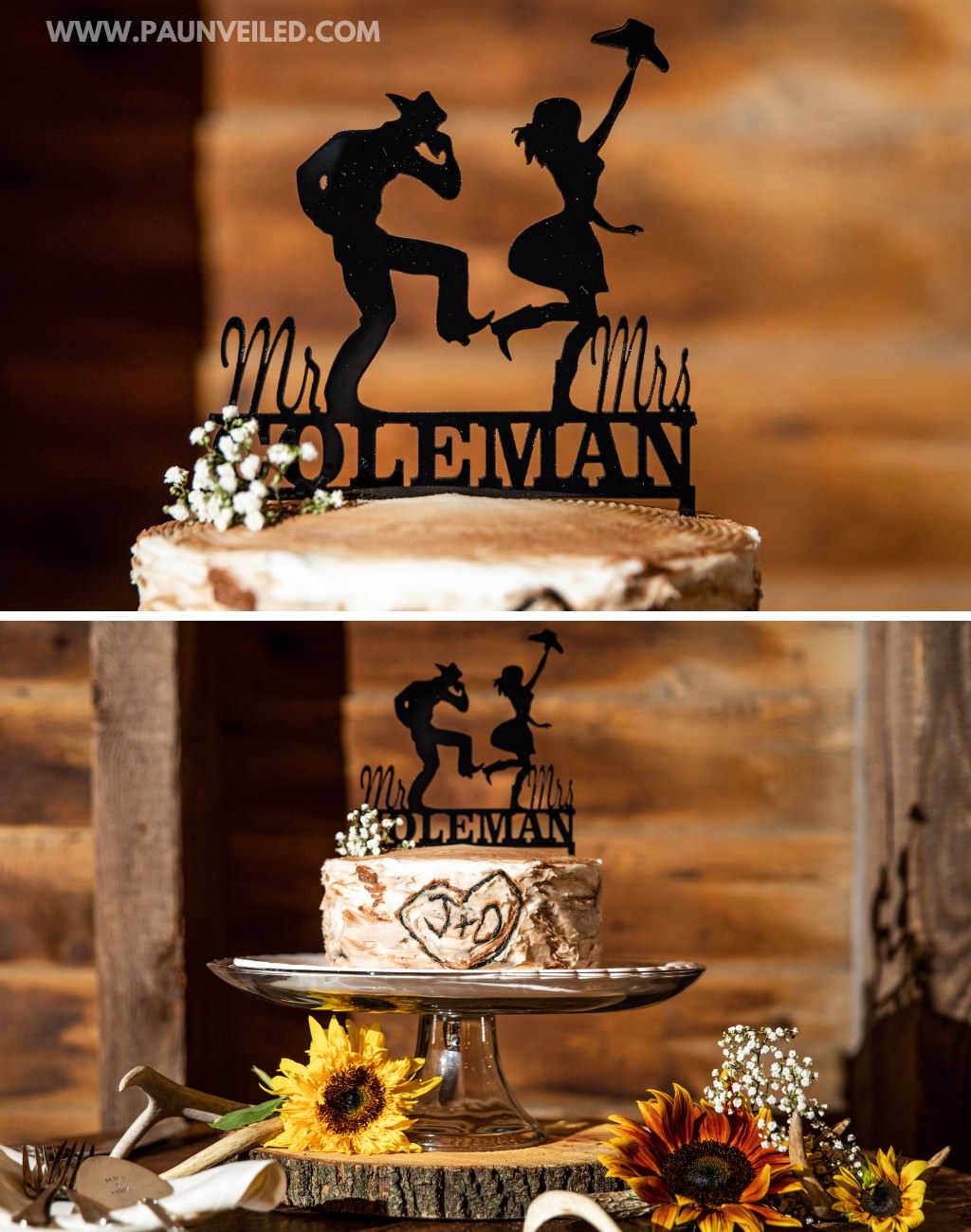 A 1-tier semi-naked rustic wedding cake with a cowboy and cowgirl cake topper