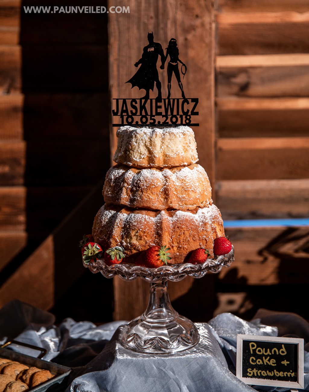 A 3-tier poundcake that was made for a rustic barn wedding