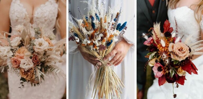 The cover image for the blog post called rustic wedding flowers and bouquet ideas. The photo shows three different rustic style wedding bouquets
