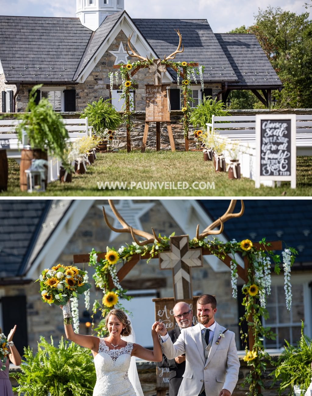A rustic wedding ceremony with sunflowers and deer antler decor. The top photo shows the ceremony site decorated with no guests and the bottom shows the bride and groom acting ectied after getting married and walking down the aisle.