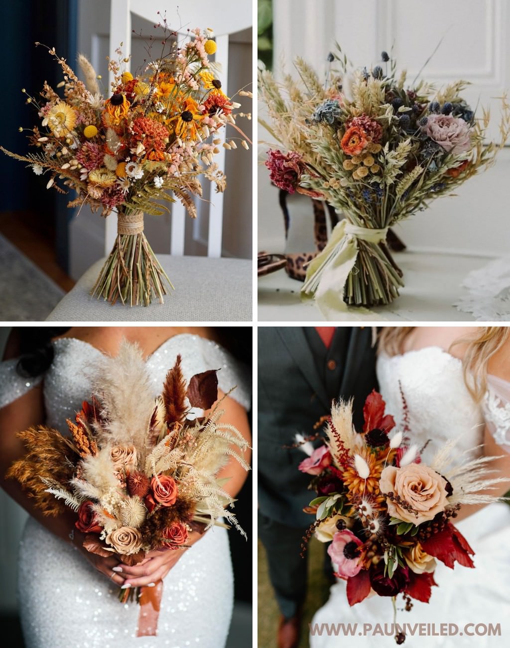 Four different rustic wedding bridal bouquets with real and dried flowers.
