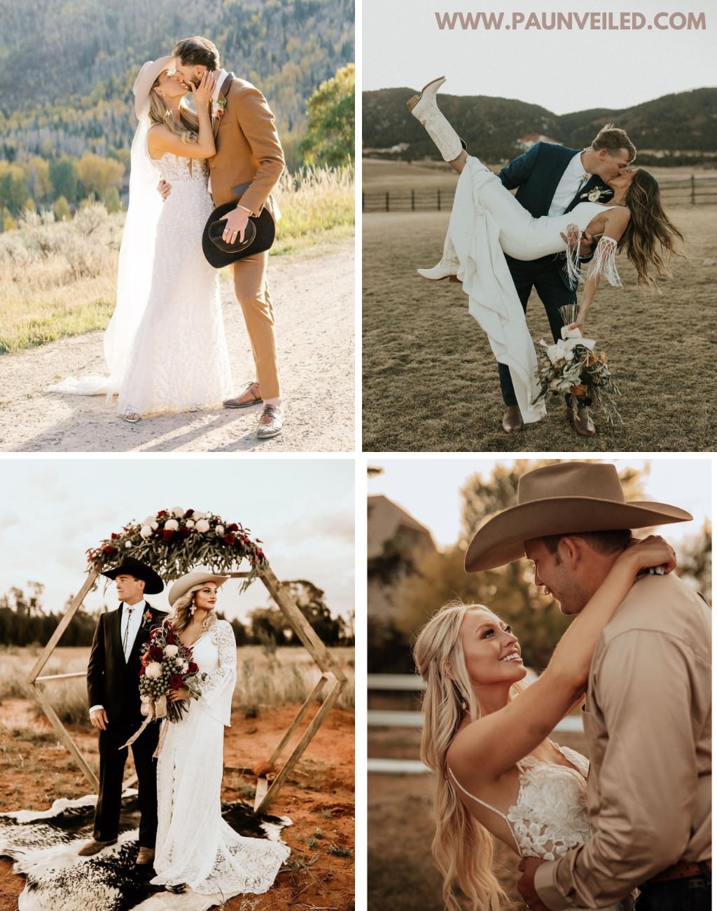 $ different couples posing on their wedding day. These are all western and rustic weddings with the groom wearing cowboy hats and the brides wearing cowboy boots