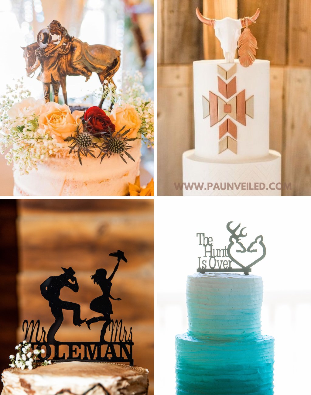 4 different rustic wedding cake toppers.