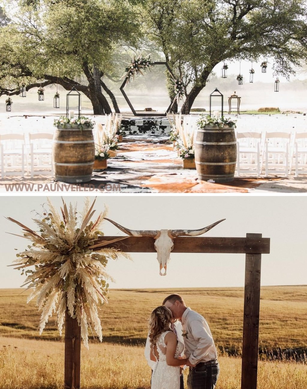 Two different rustic wedding ceremony setups. The top shows wine barrels and cowhide steps and the bottom shows a bride and groom kissing under the alter that is a steer or cow skull.