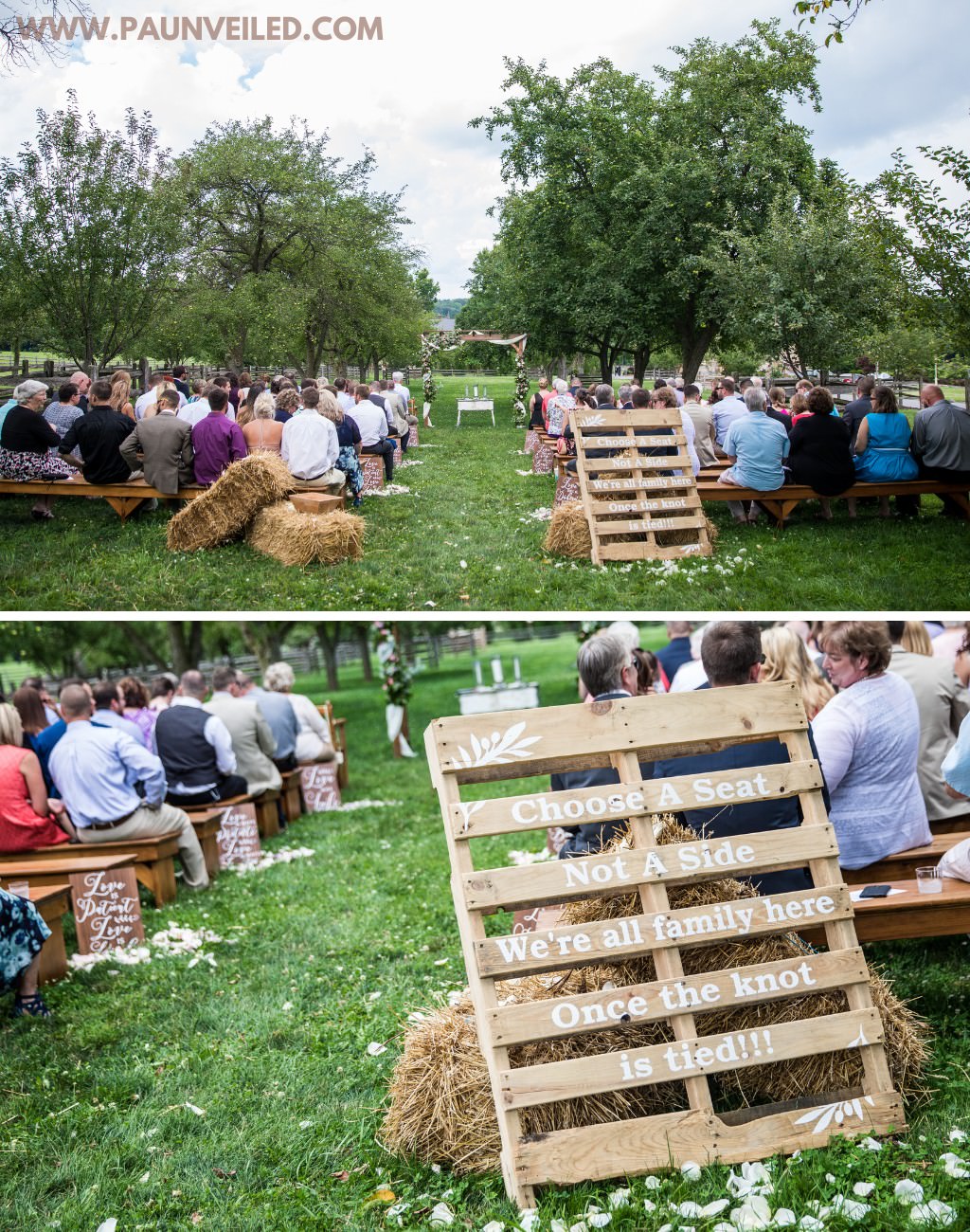A rustic wedding ceremony with wooden benches, wood palettes, and bales of hay and straw