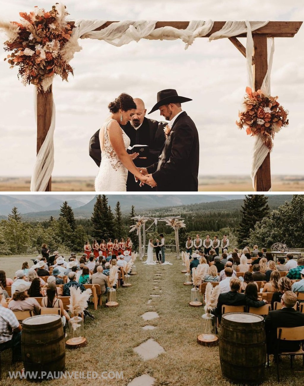 Two rustic wedding ceremonies. The top shows a couple holding hands and saying vows under a wodden alter with flowers. The bottom shows a full ceremony scene with wine barrels and rustic decor.