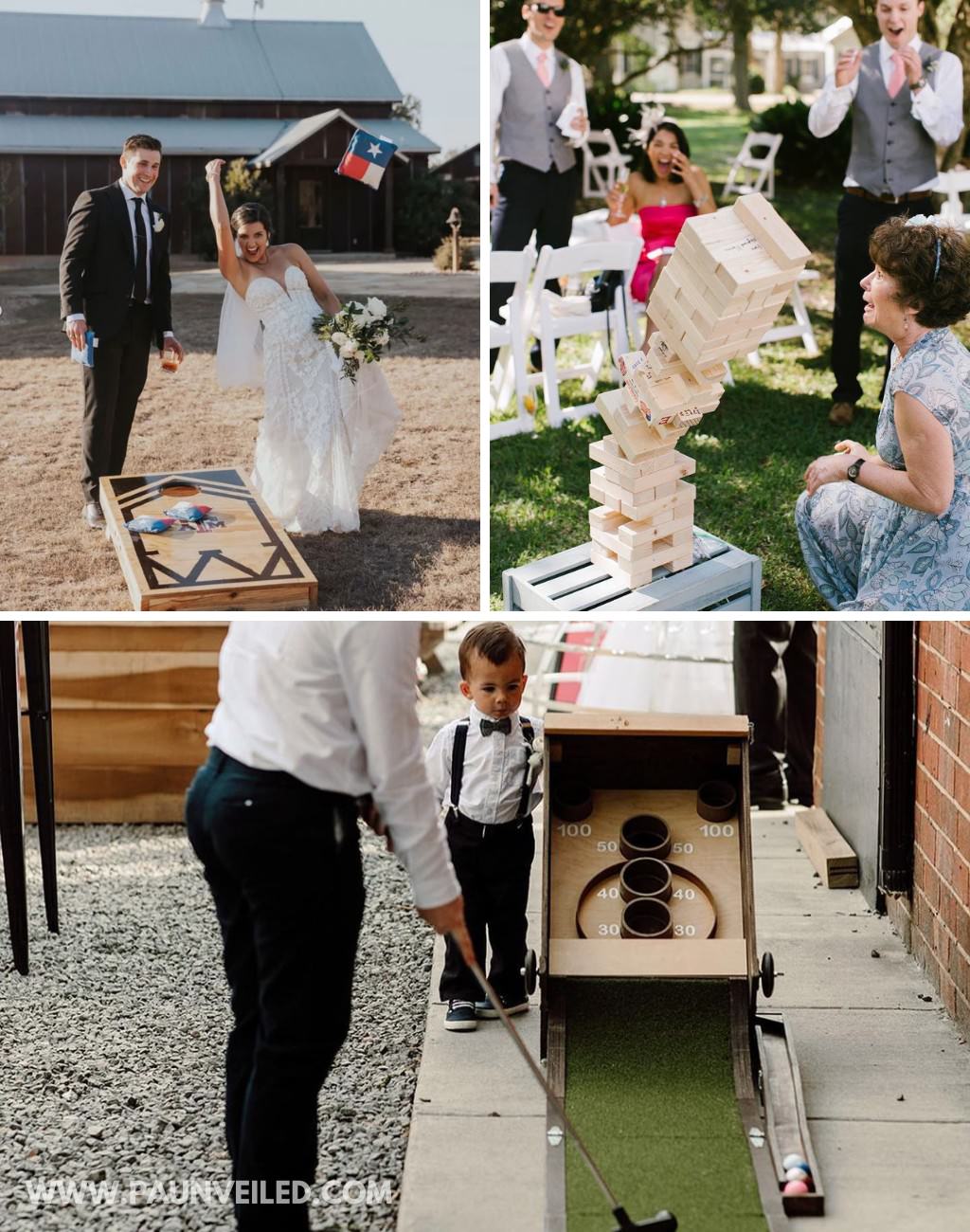 A photo collage of poeple playing yard games a wedding reception and cocktail hour. This show corn hole, giant jenga, and skee ball mini golf