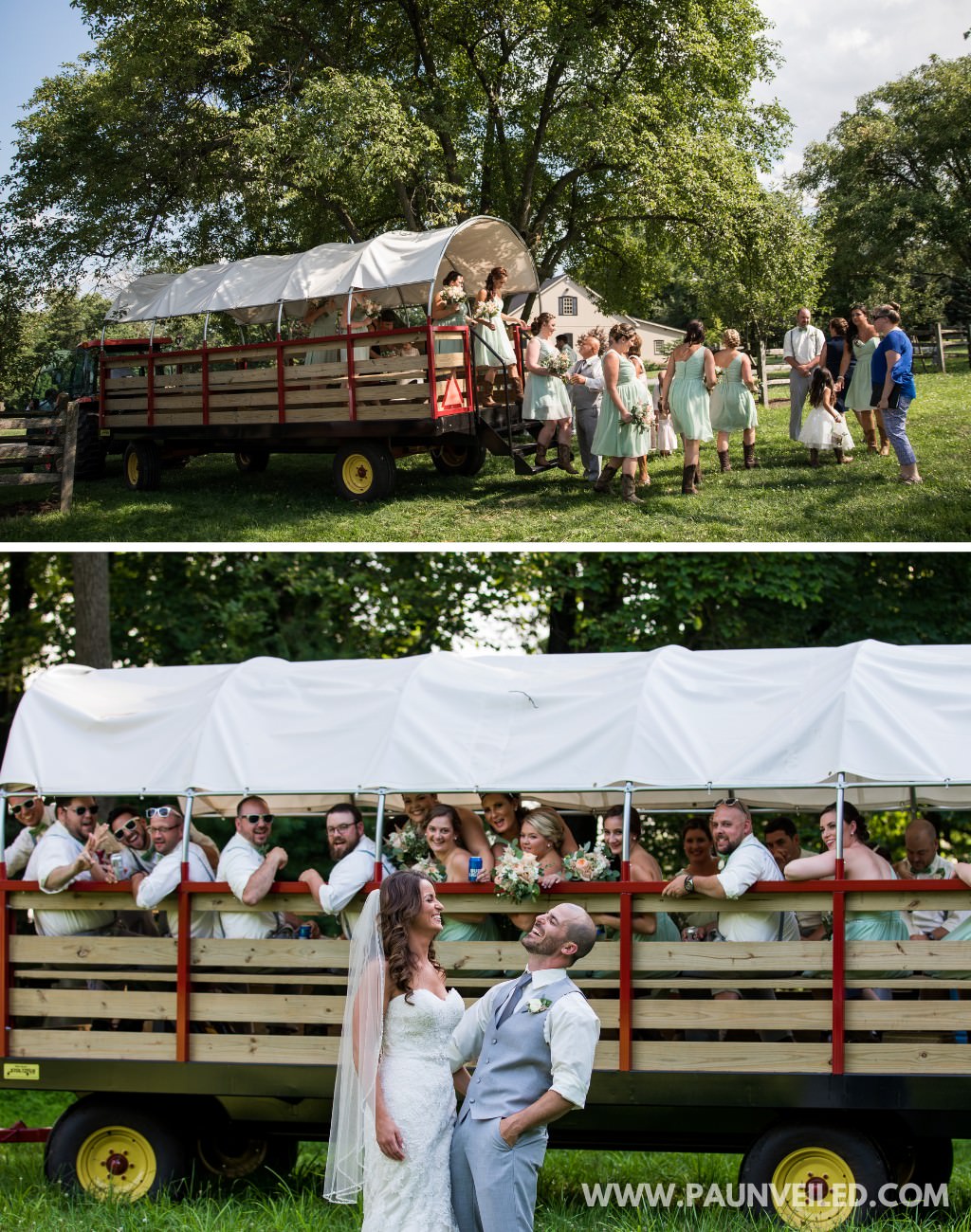 A wedding party getting off a hitch wagon at a rusting wedding