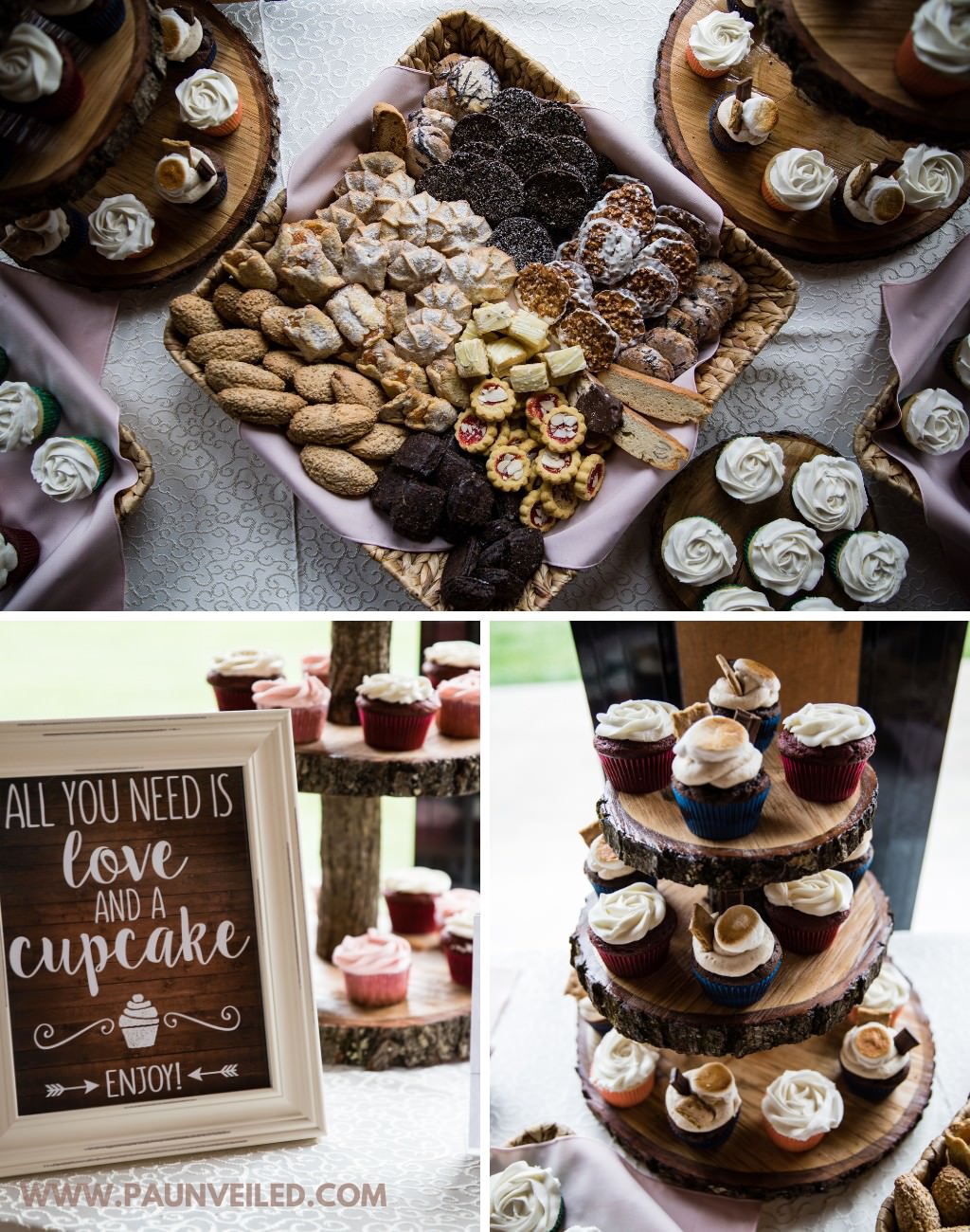 A rustic wedding dessert table set up with a cookie platter and cupcakes on tree log slices