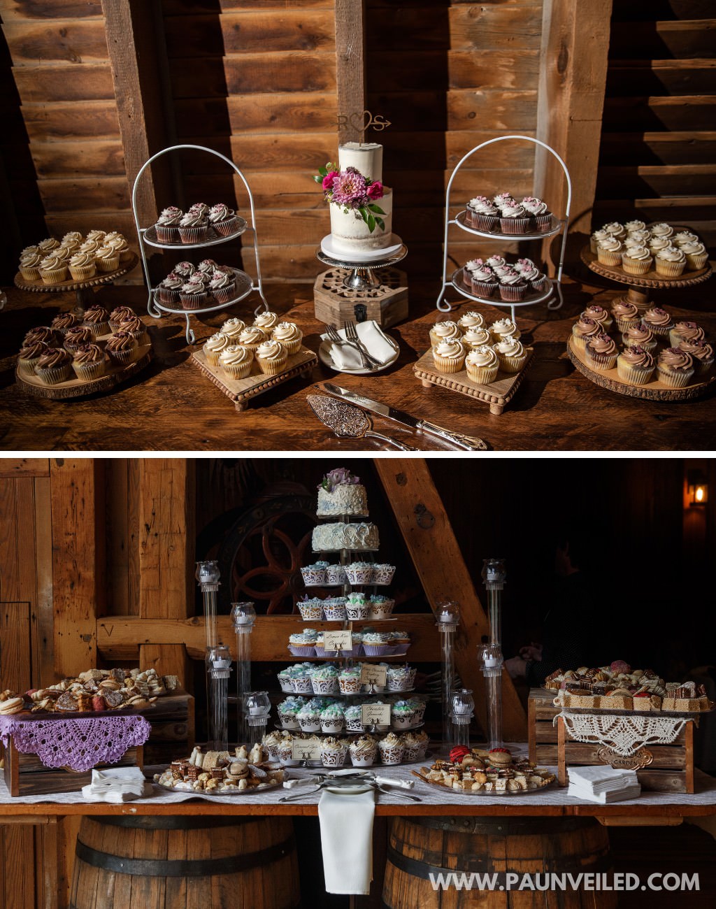 Two rustic wedding dessert tables with cupcakes and mini desserts