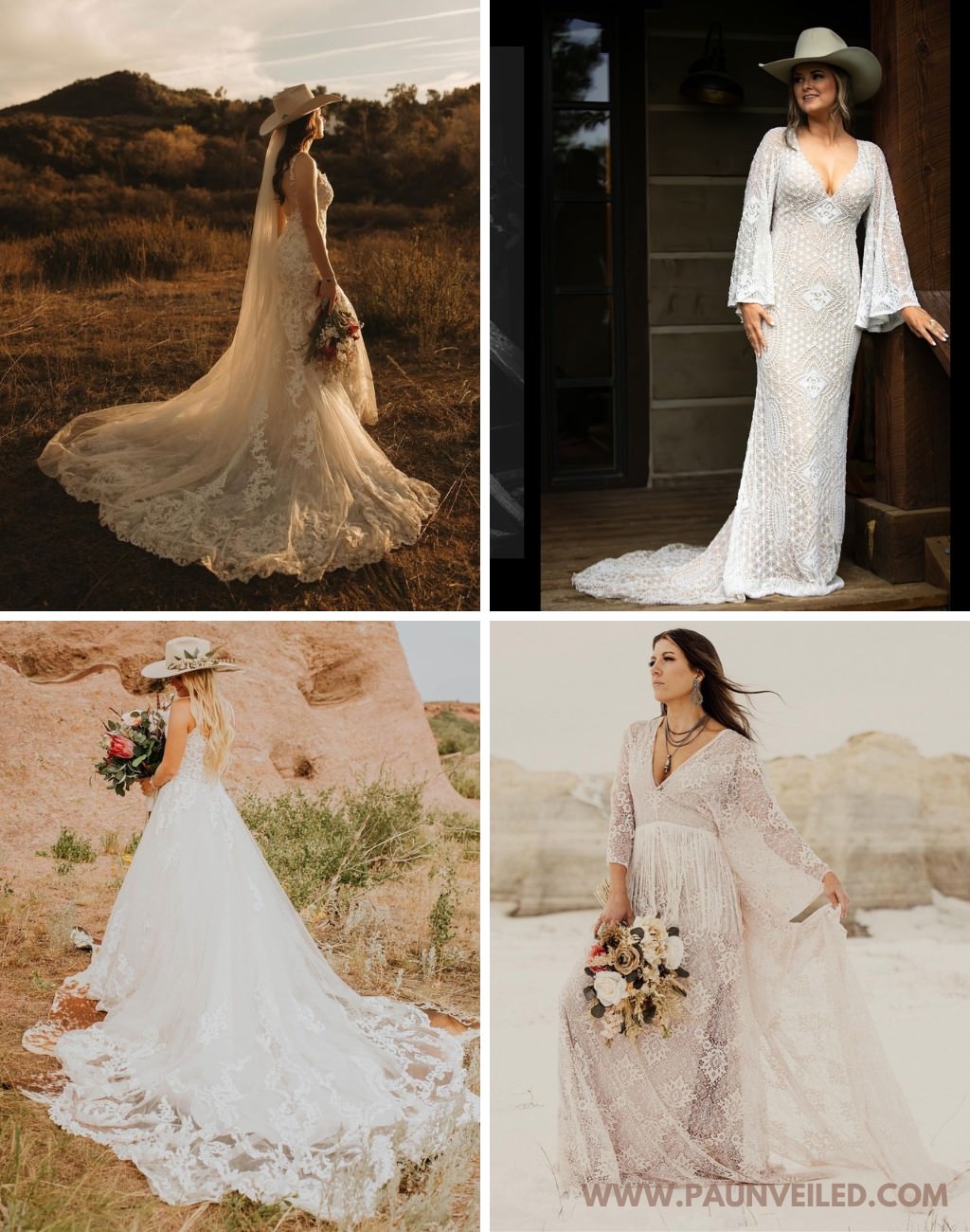 4 different wedding dresses with a rustic or western style