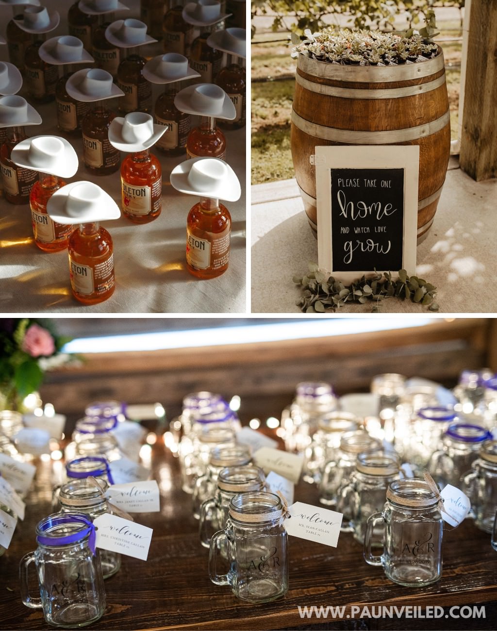 Wedding favors (whiskey bottles with cowboy hats, succulents, and mason drinking jars)