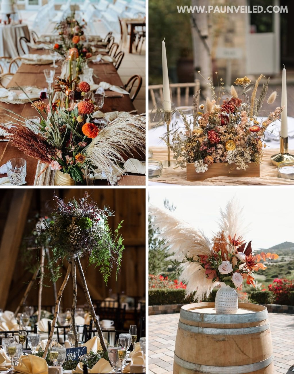 different displays of wedding flowers at rustic weddings