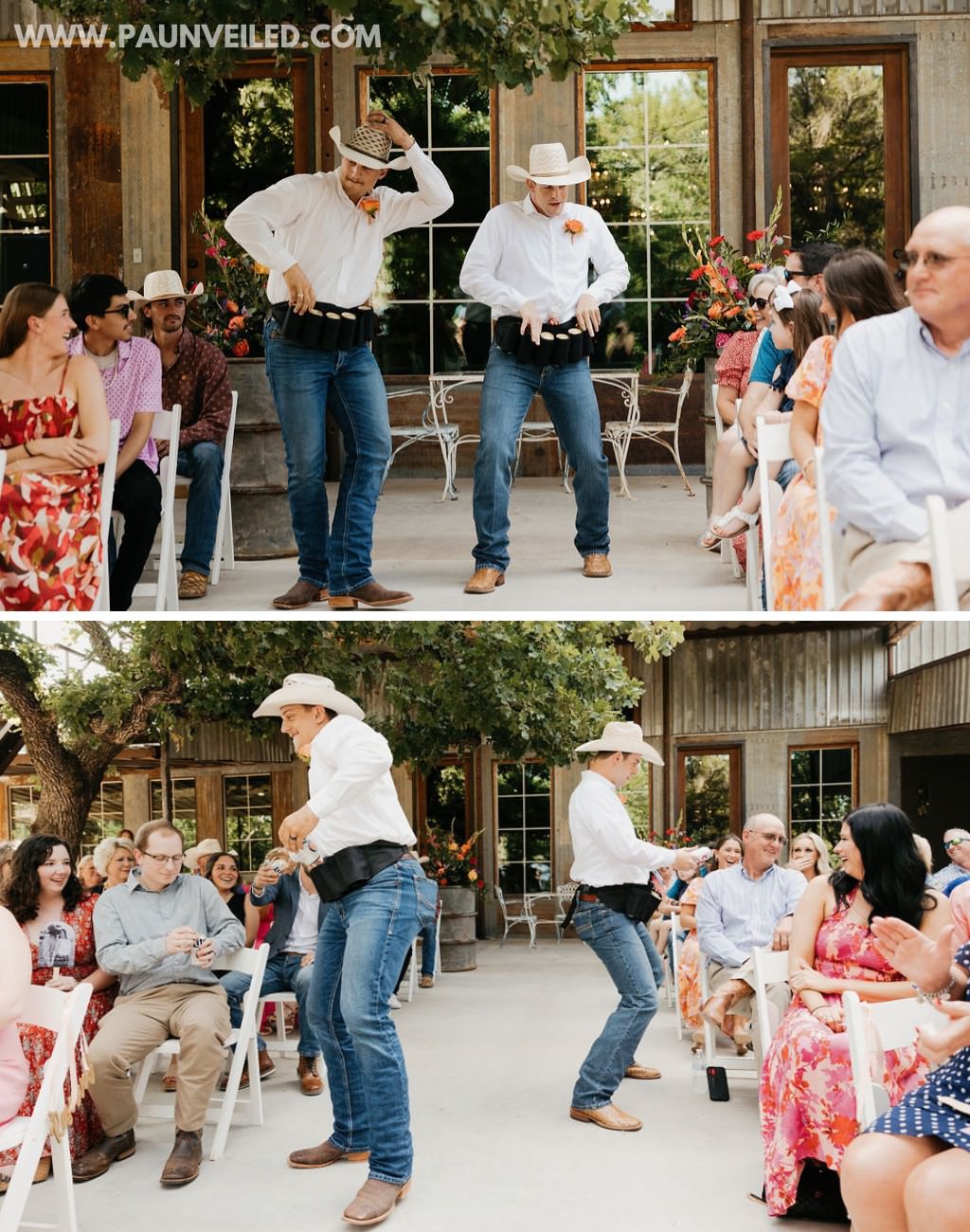 Two beer boys with cowboy hats passing out deers to wedding guests who are waiting for the ceremony to start