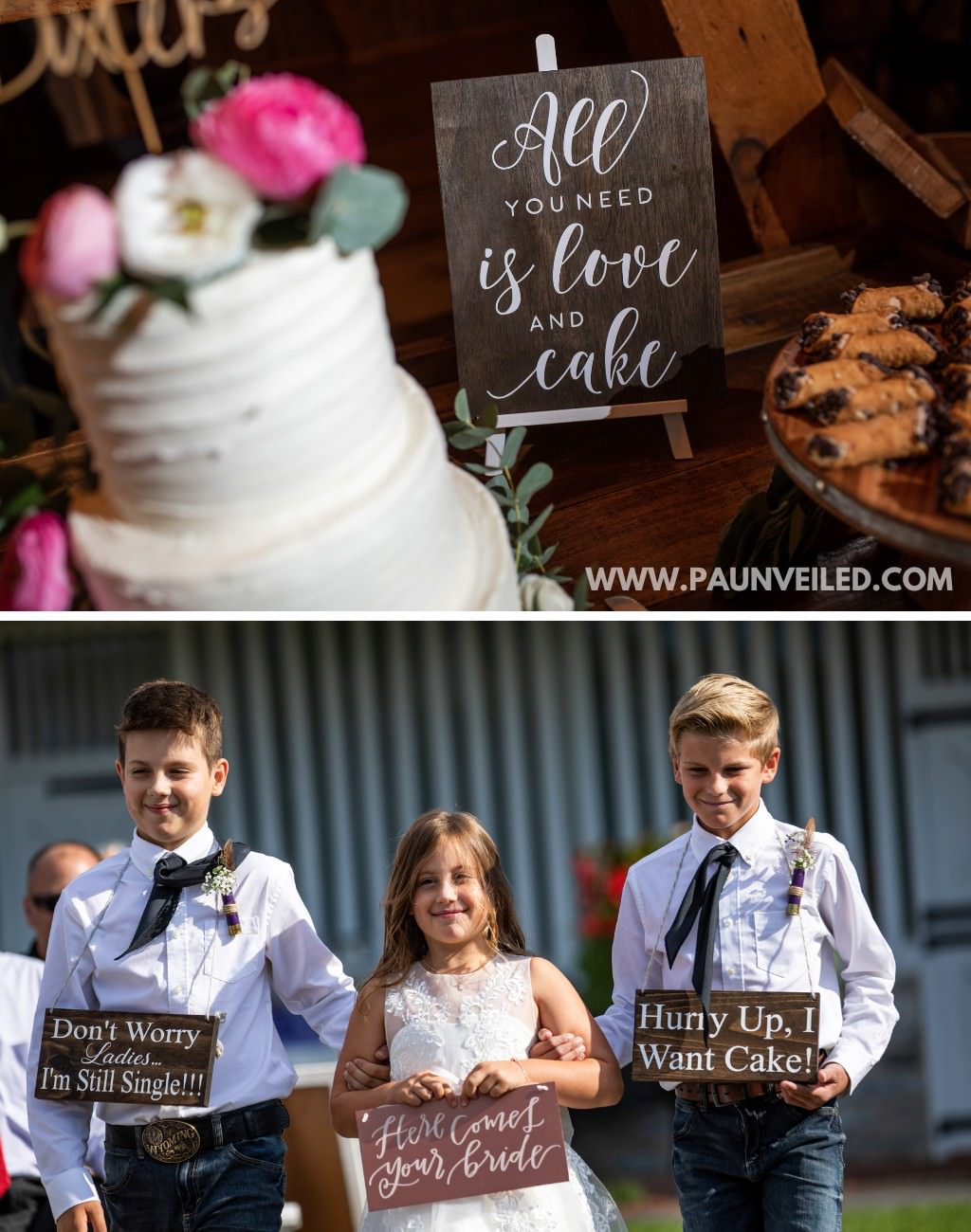 Fuuny wooden signs for the flower girl, ring bearer, and dessert table. Perfect ideas for a rustic wedding