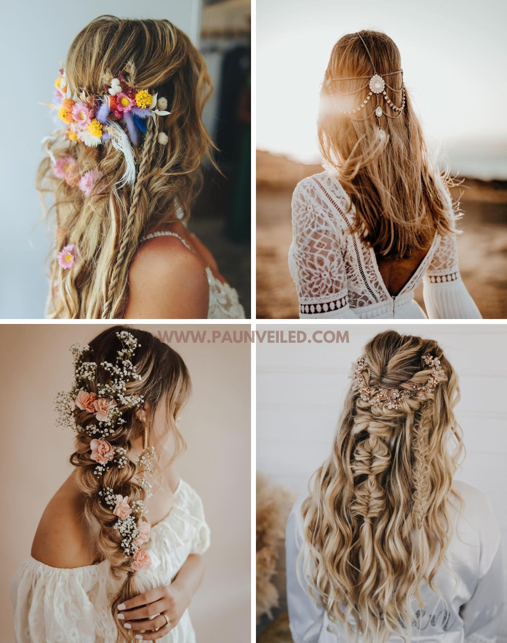 4 different rustic wedding hairstyles for a bride and bridesmaids