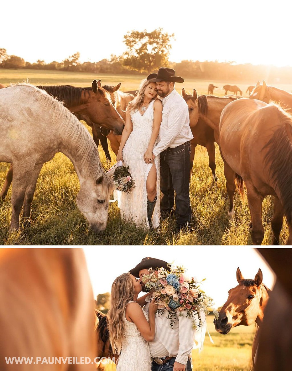 A bride and groom posing with horses. The groom is wearing a cowboy hat