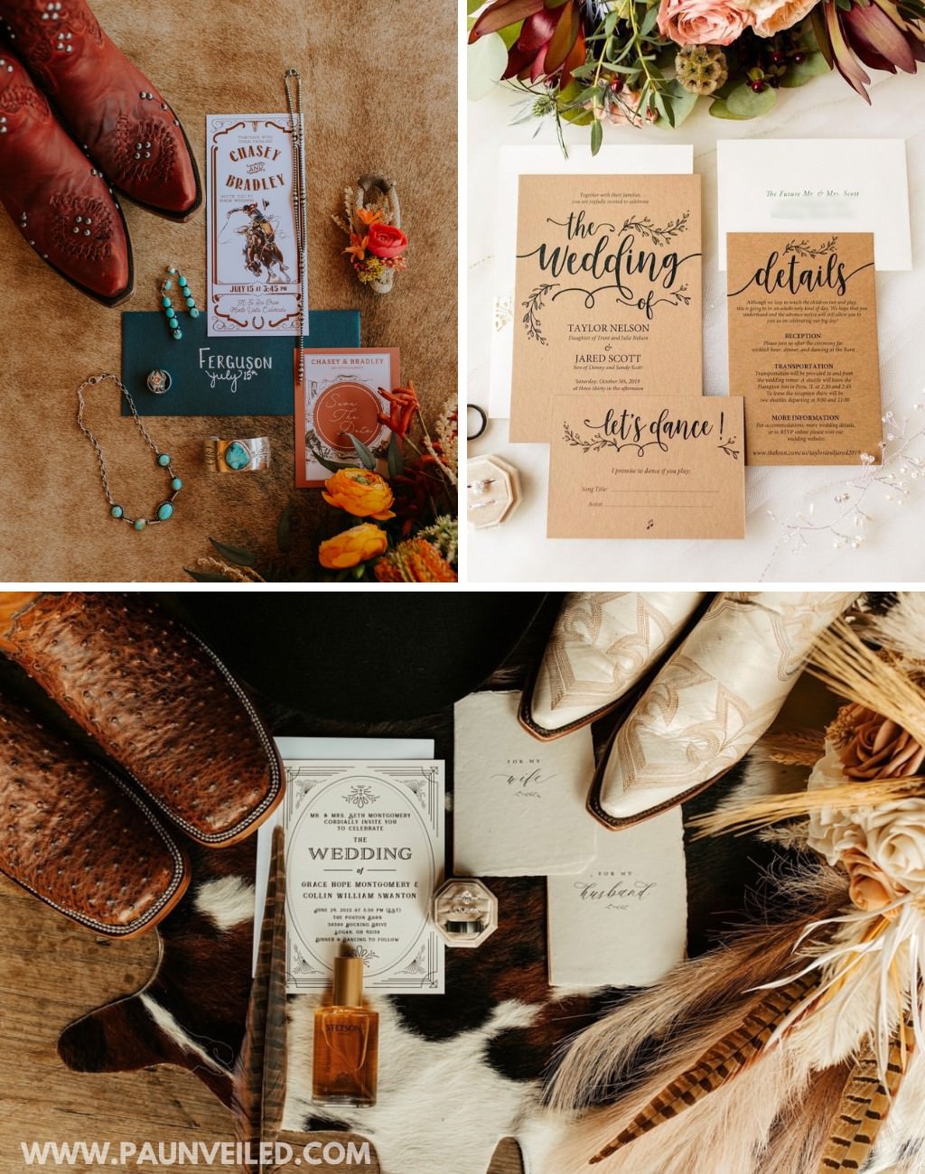A few different wedding invitation suites for a rustic wedding