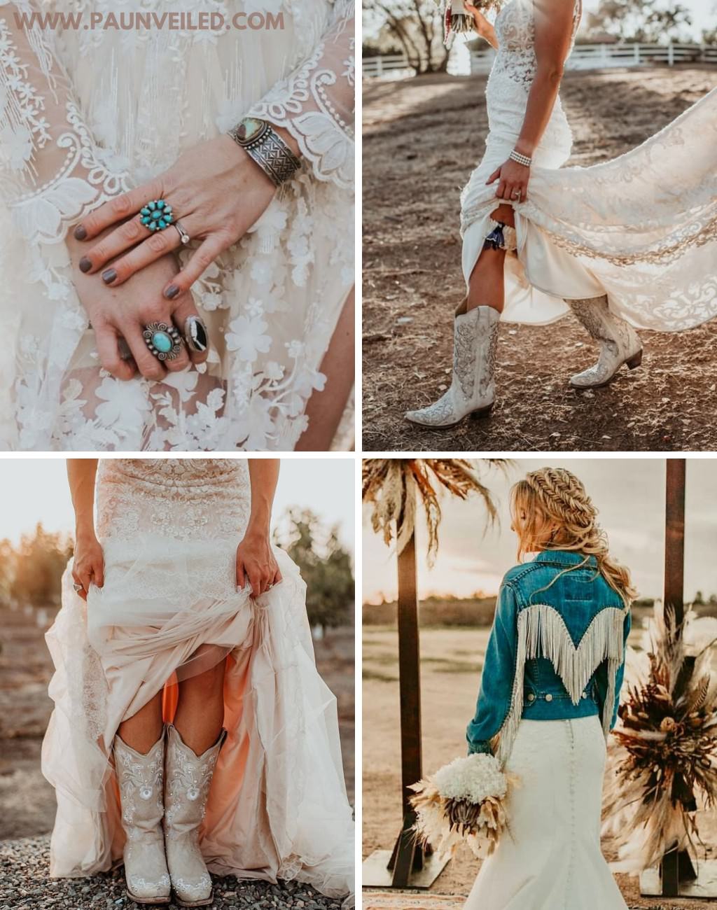 Different bridal accessories like cowboy boots, jewelry, and denim jacket with fringe. All have a rustic or western style