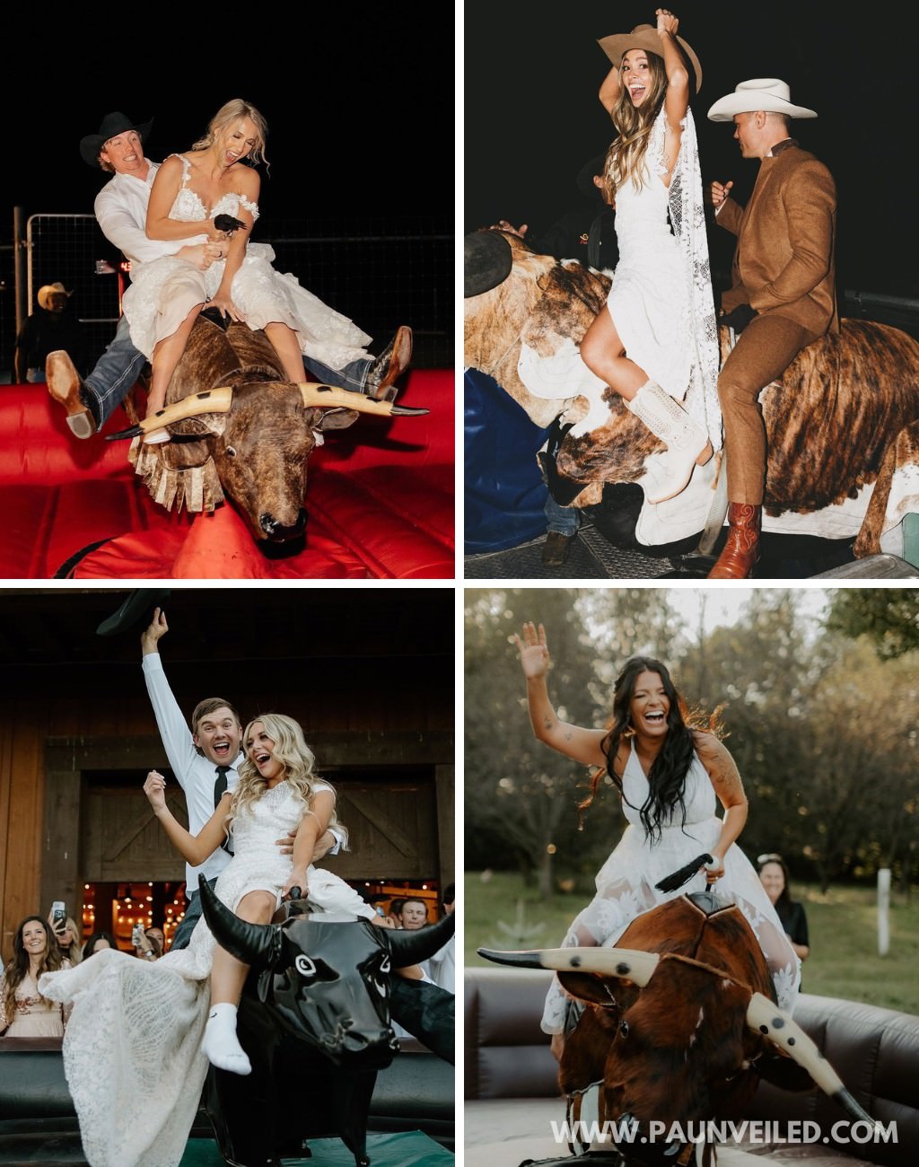 photos of bridesmand grooms riding mechanical bulls at a wedding reception