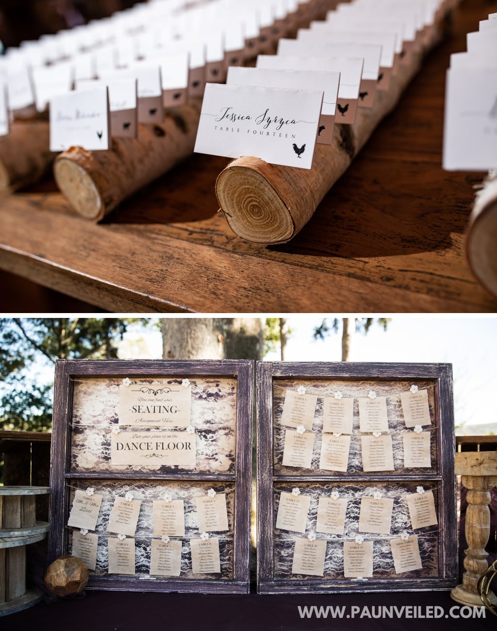 Two different seating charts for a rustic barn wedding