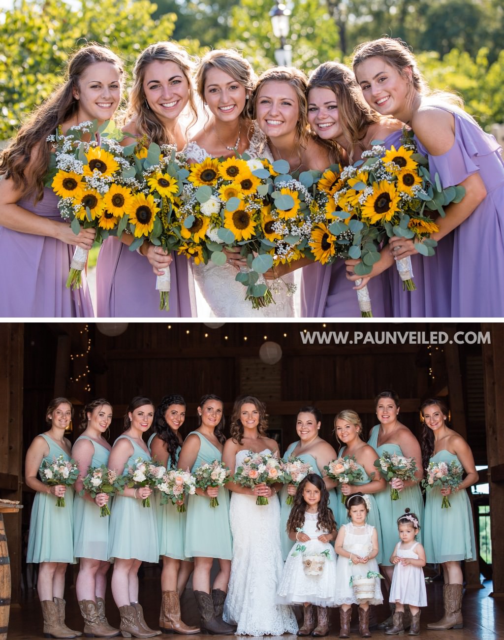 Two different photos from rustic weddings. A bride and bridesmaids posing with sunflower bouquets. And a bride and bridesmaids wearing cowboy boots