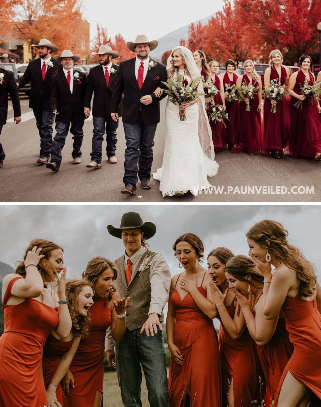 Two photos of rustic wedding parties and bridesmaids posing with the groom