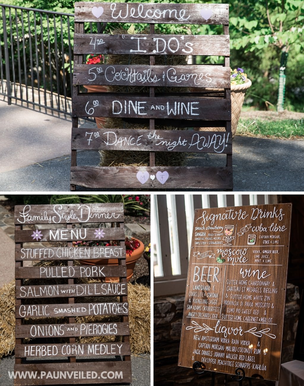 Rustic wedding signage showing wooden palettes for the welcome sign and menu. It also shows a nice wooden bar sign with the drink menu