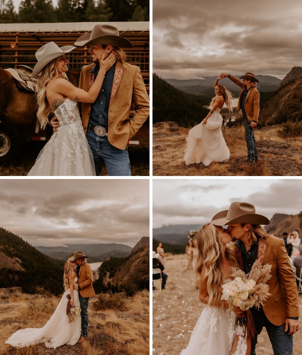 A photo collage of a rustic wedding couple posing outdoors at sunset