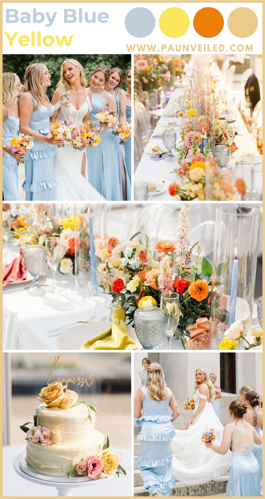 A photo collage of wedding photos with a spring aesthetic. The photos show close up detail photos with blue, yellow, and orange decor and the bride and bridesmaids wearing light blue bridesmaid dresses.