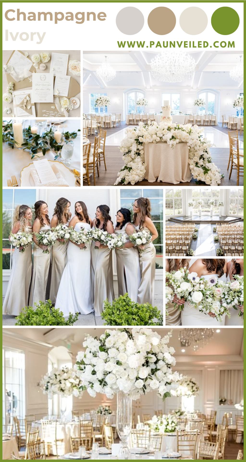 A collection of wedding photos that have a champagne, ivory, and green color scheme. IT shows a bride and bridesmaids wearing champagne and ivory colored dresses and close up detail photos of flowers and table decor with the same color palette