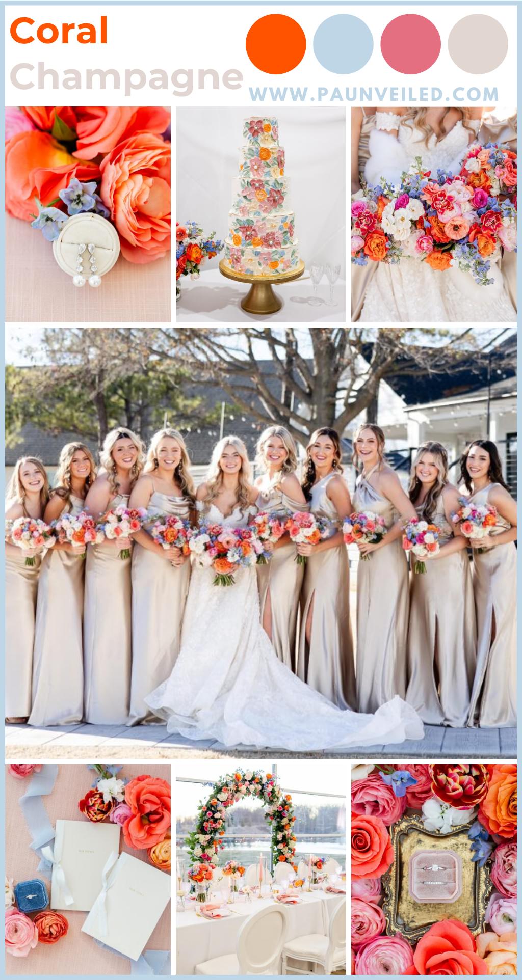A photo collage that shows a variety of spring wedding photos with a light blue and coral color palette. The largest photo is the bride and bridesmaids who are wearing champagne colored dresses. The rest of the photos show coral and light blue details like flowers and invitations