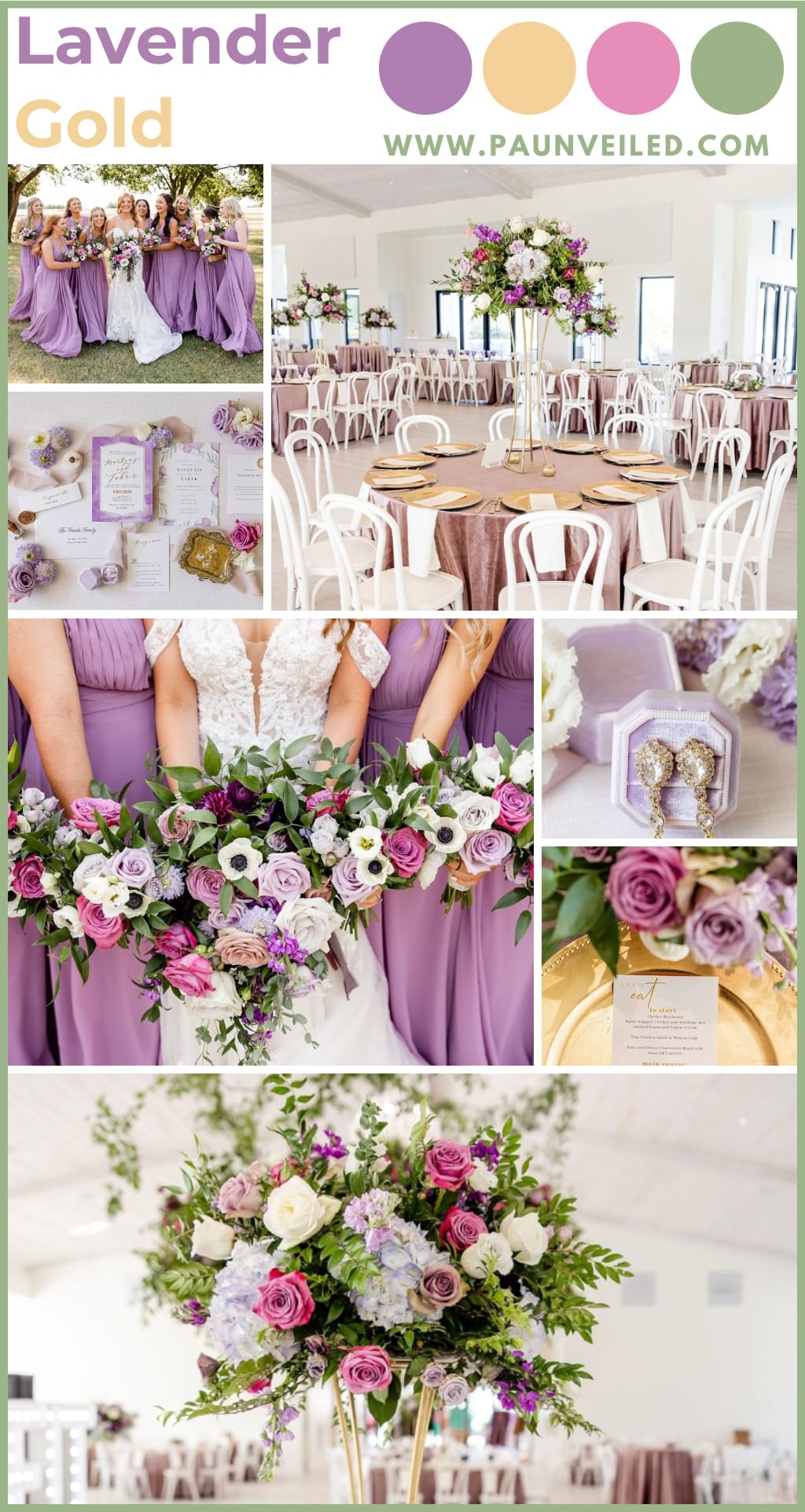 A photo collage of spring wedding photos with a lavender, gold, and pink color scheme. It shows close up photos of flowers and table decor at the reception.