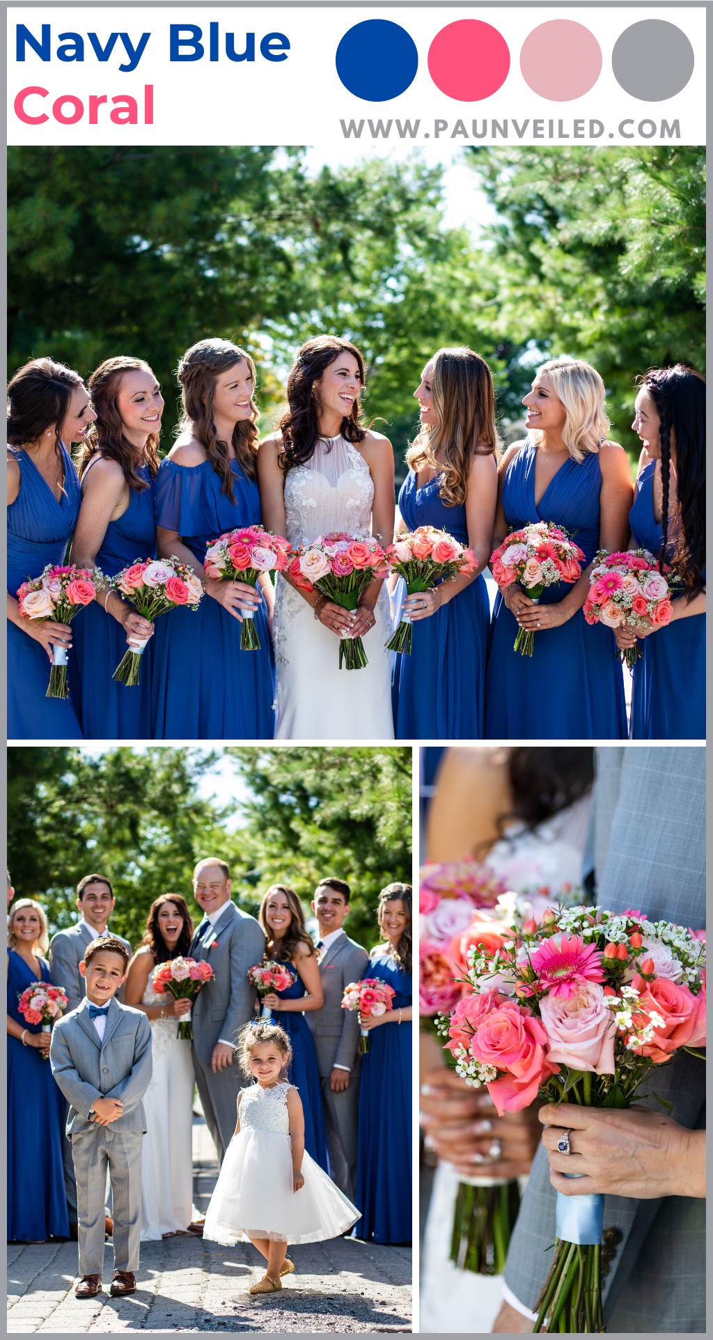 A photo collage of wedding pictures that show off a royal blue and coral/hot pink color scheme. The mian photo is a bride and bridesmaids wearing royal blue or navy blue dresses and holding bouquets that are coral and hot pink. There is also a close up of a ring bearer and flower girl with the bridal party behind them