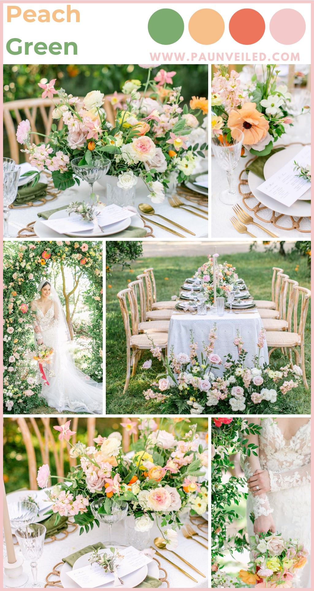 A college of wedding photos in the spring that show off a peach and green color scheme. There is one photo of the bride under a floral arch. The rest of the photos are close ups of flowers and table decor.