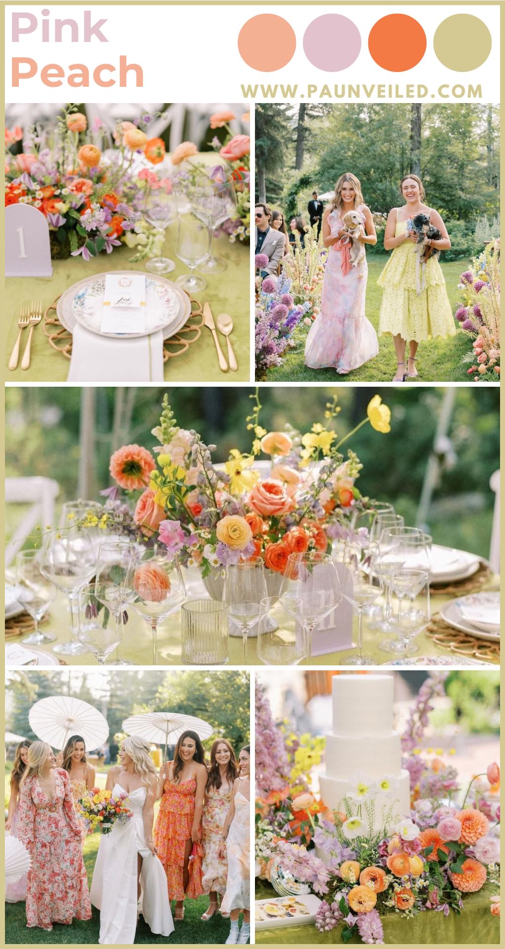 A photo collage of spring wedding photos that show a pink and peach color scheme. There is a variety of details photos that show table decorations and flowers. Plus some photos of the bride and bridesmaids.