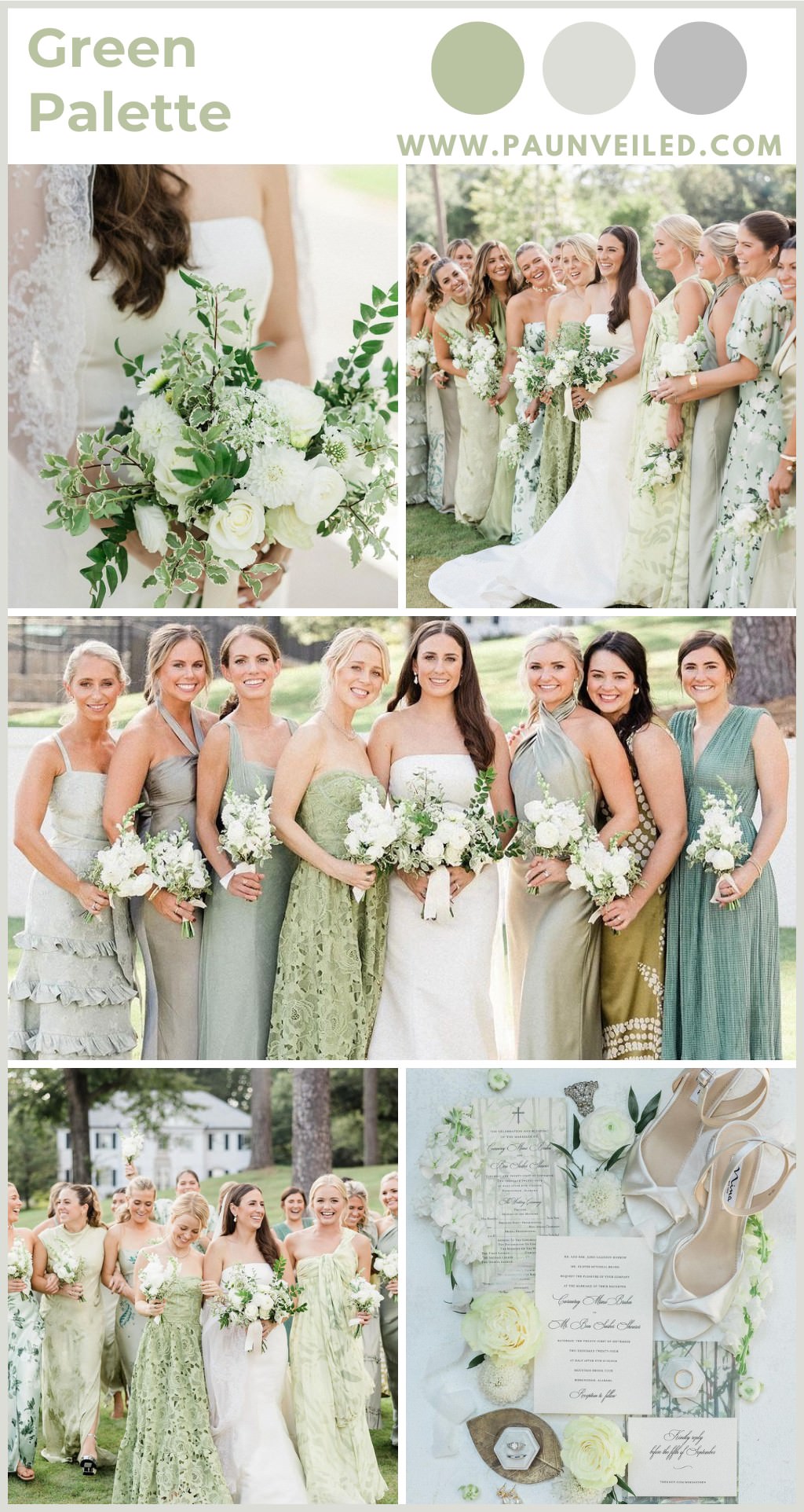 A photo collage of a sage green and pale green spring wedding. This collage is meant to show off all of the different details with green hues. There are a variety of photos of bridesmaids in green dresses holding white and green bouquets