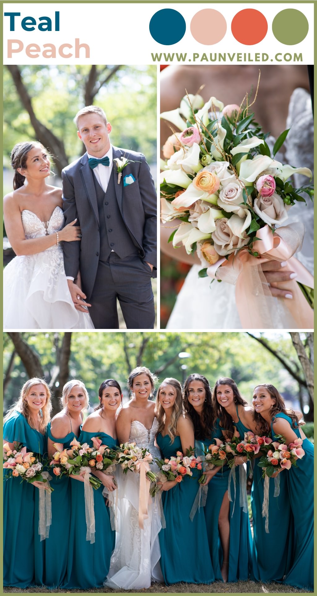 A photo collage that shows bridesmaids in teal dresses holding coral and pink bouquets. The bride is in a white dress and the groom is wearing a gray suit with a teal bow tie.