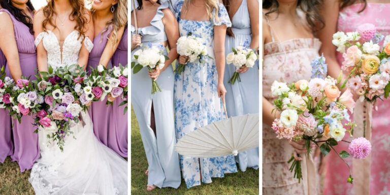A collage of wedding photos for the blog post called spring wedding colors. This shows three different photos with spring color schemes. The photos are closeup of bridesmaid dresses and flowers. The three colors are lavender, blue, and pink