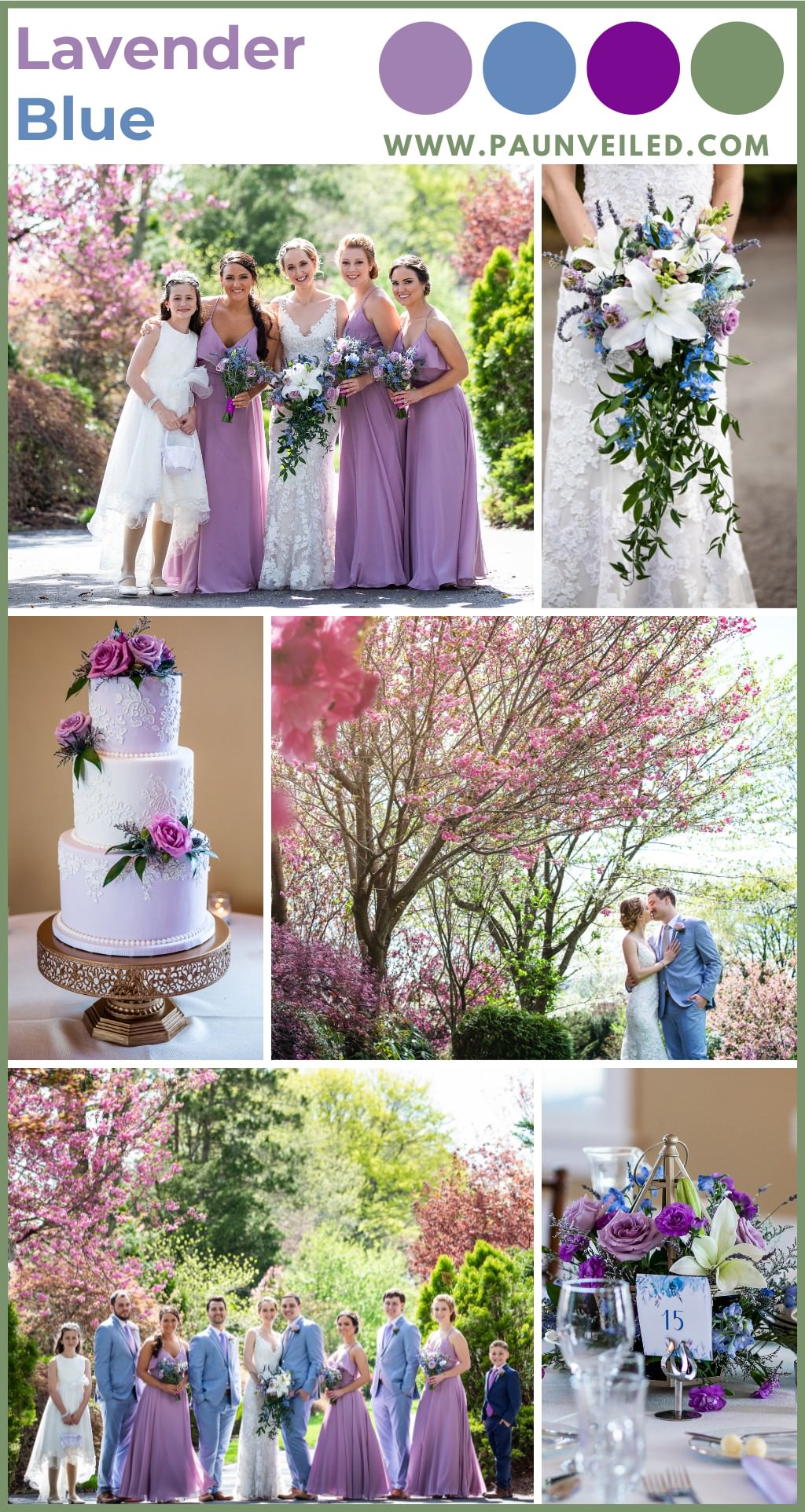 A photo collage of wedding photos with a blue, lavender, and purple color scheme. It shows a variety of poses from the bride and wedding party. The bridesmaids are wearing lavender colored dresses. The groom and groomsmen are wearing light blue suits. There are also smaller detail photos of the flowers and cake.