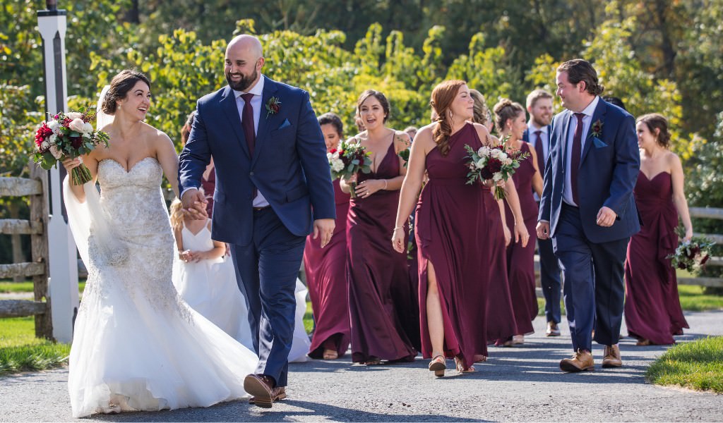 A bride and groom walking with the wedding party. This is for the blog post called tips for a stress free wedding day