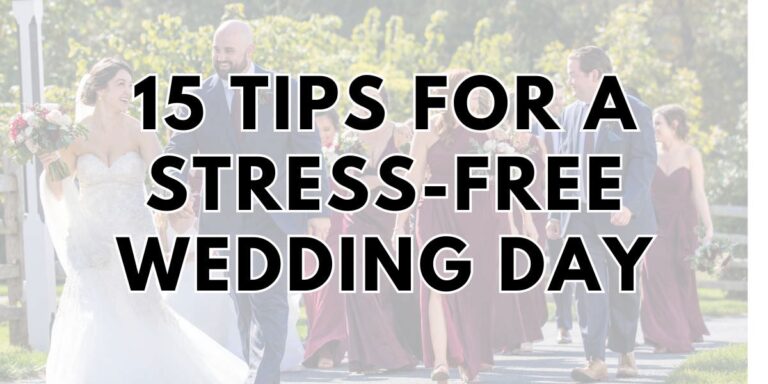 The cover photo for the blog post called 15 tips for a stress free wedding day. It's a faded out photo of a wedding party walking with the blog title as text across the photo