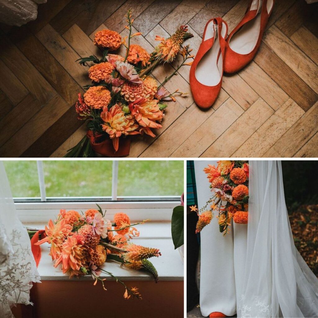 A photo collage of wedding details. This shows a pair of orange wedding shoes and a pretty orange bridal bouquet