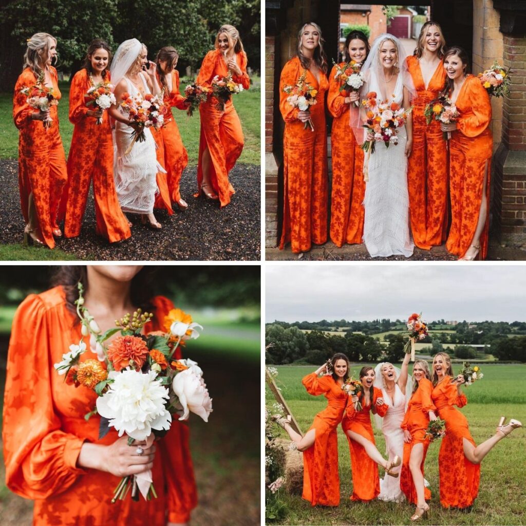 A photo collage that shows a bride and four bridesmaids. The bridesmaids are wearing bright orange bridesmaid dresses and holding white and orange bouquets