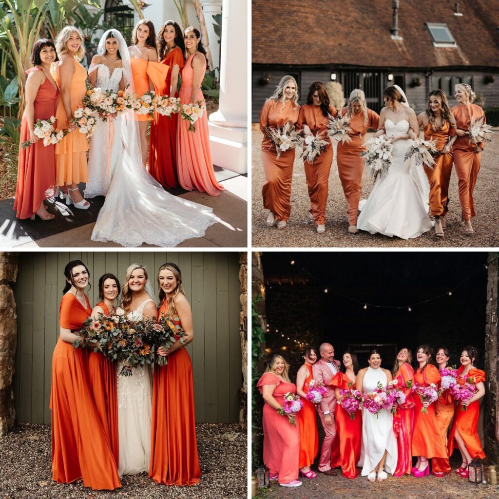 Four different photos of bridal parties wearing orange bridesmaid dresses. Most of them also have other bridesmaids wearing pink dresses since those two colors go well together.